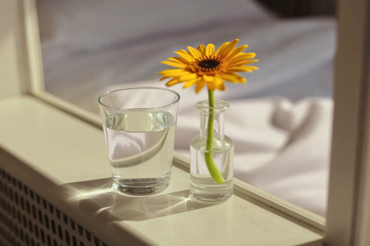 A glass of water and a vase with a yellow flower on the windowsill of a bright hospital room